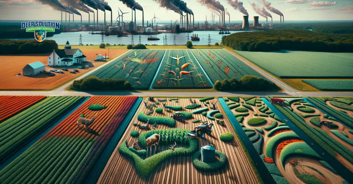 Image showcasing damaged crops and altered landscapes in Salem County, symbolizing the environmental and agricultural stress due to deer overpopulation, blending rural scenes with ecological disturbance