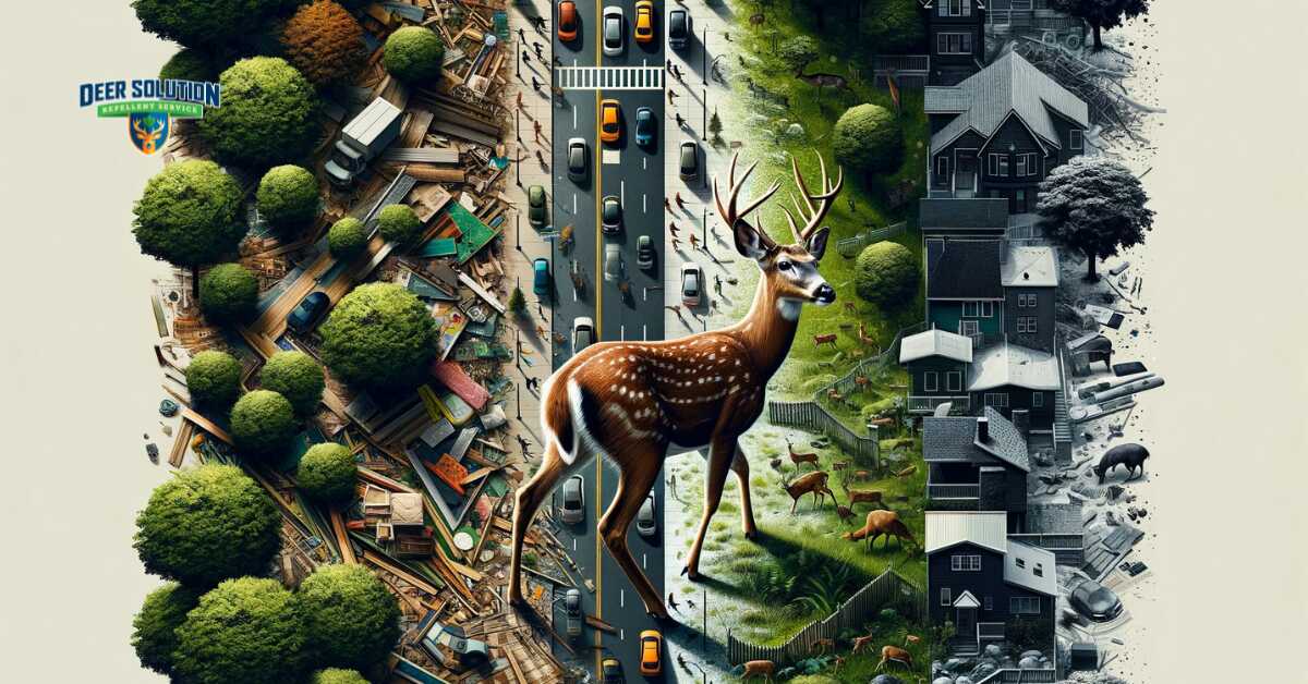 Abstract representation of deer impact on urban landscapes in Westchester County, showing disrupted city parks and symbolic deer presence on streets, blending natural and urban elements
