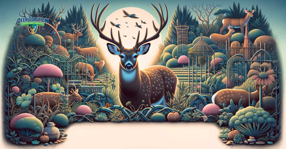 Visual representation of the struggle in Dorchester County to protect gardens, showing symbolic barriers and signs of deer intrusion like nibbled foliage, reflecting the conflict between maintaining lush gardens and deer overpopulation