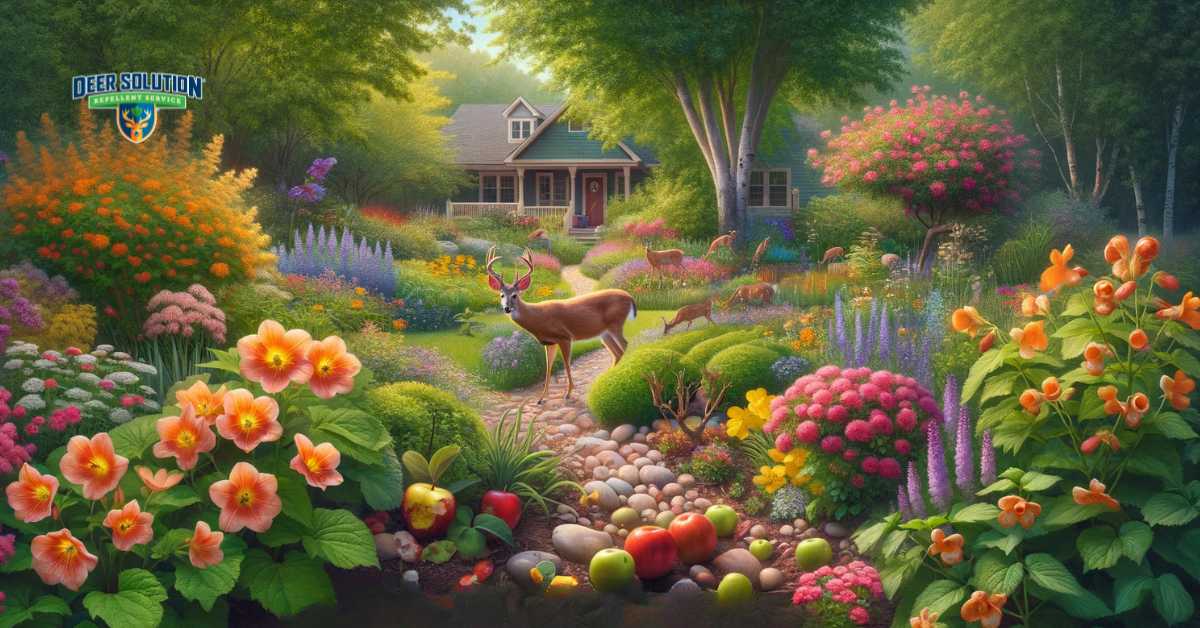 A beautiful front yard garden in Price County, Wisconsin, illustrating the delicate balance between blooming beauty and the challenges of deer damage. The garden displays a variety of vibrant plants and flowers, with some signs of deer impact such as nibbled blooms or disturbed soil. The presence of deer, either in or near the garden, subtly indicates the wildlife interference. Despite these challenges, the garden maintains a sense of harmony and aesthetic appeal