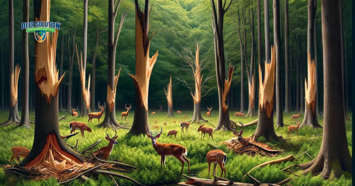 A lush forest in Fulton County showing signs of deer damage, including stripped bark and broken branches, with New Jersey deer subtly present in the background, illustrating the impact on the arboreal landscape