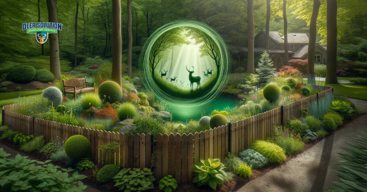 Lush, vibrant garden in Gloucester County, symbolizing tranquility and beauty, with subtle, abstract hints of a deer dilemma, like faint deer silhouettes at the garden's edge, indicating the impact on the yard
