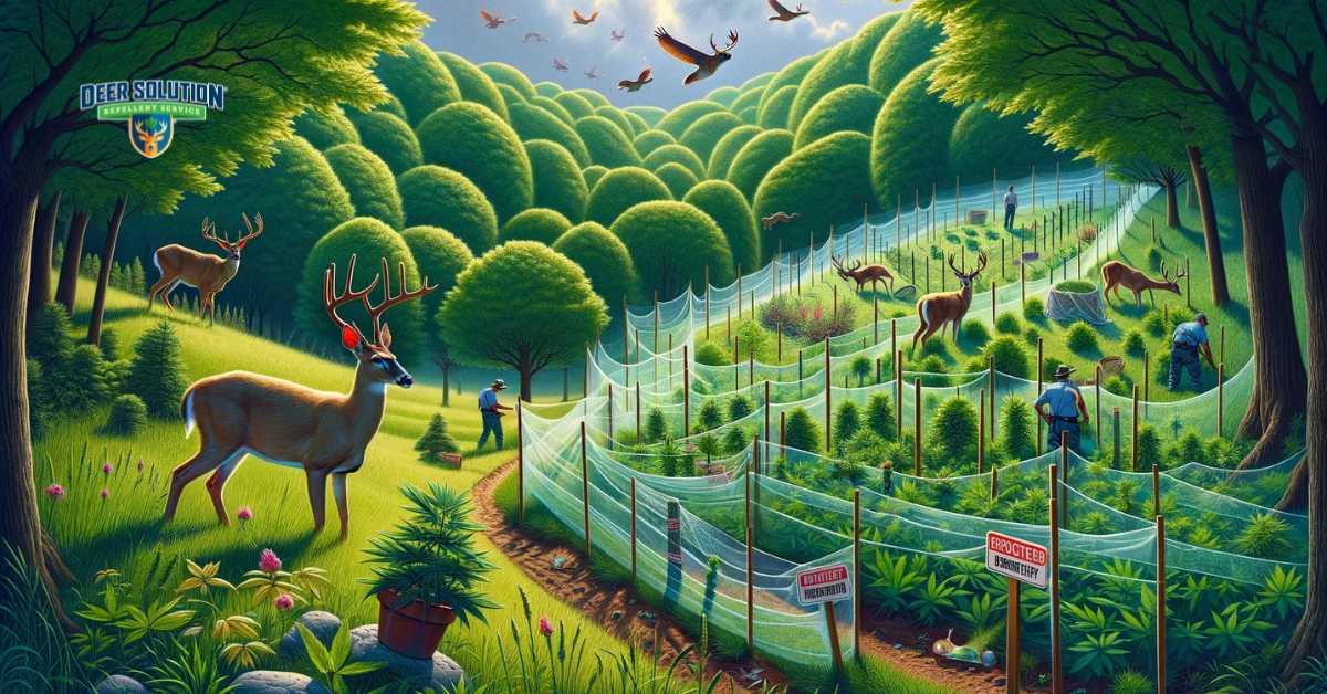 A lush landscape in Greene County showing the dual realities of deer damage, with nibbled plants and trampled vegetation, and active plant protection efforts, including netting and tree guards, under the subtle presence of deer in the background