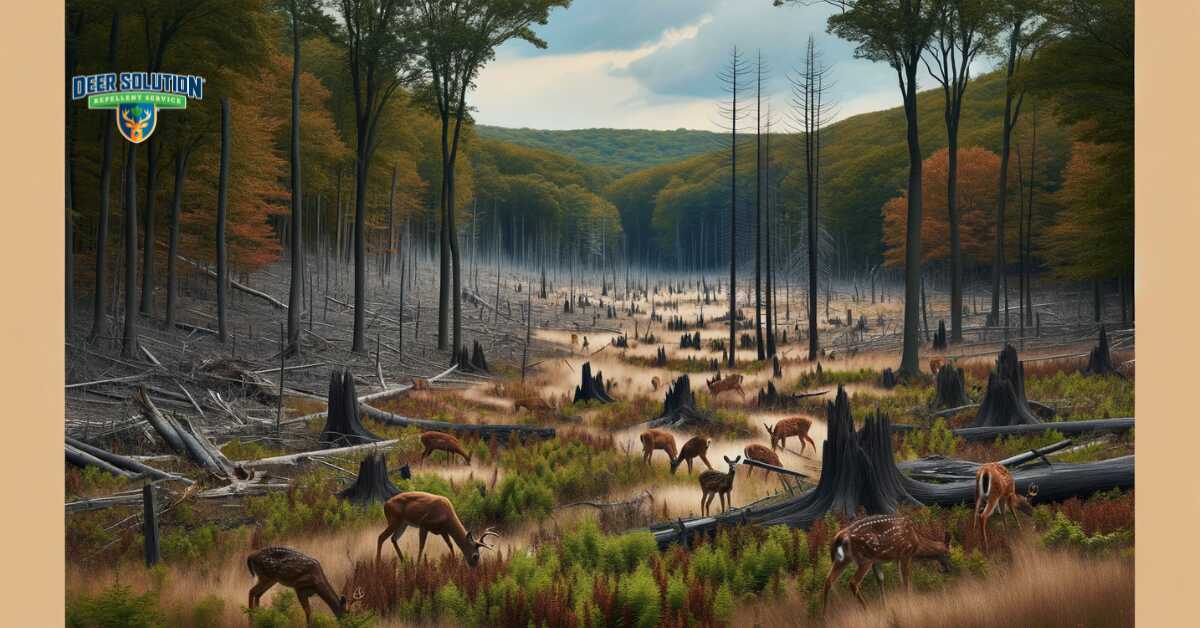 A natural landscape in Nassau County showing the effects of deer overpopulation, with multiple deer, overgrazed areas, sparse underbrush, and young trees damaged by deer, highlighting the environmental concern of deer overpopulation on local vegetation