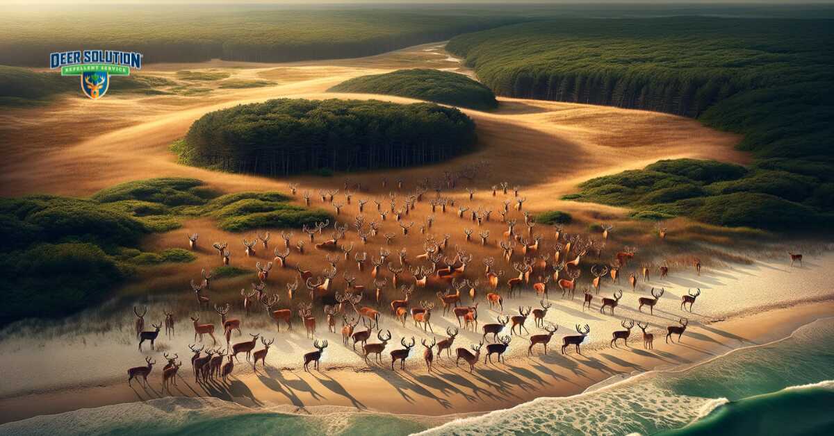 Landscape of Ocean County, NJ, depicting the theme 'In the Shadow of Antlers', highlighting the issue of deer overpopulation and its impact on the local environment