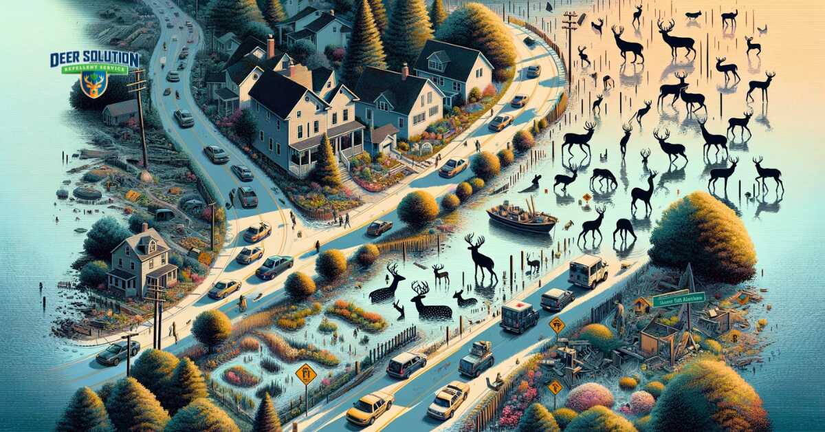 Visual representation of disrupted daily life in Monmouth County due to deer overpopulation, featuring damaged gardens, altered traffic signs, and symbolic barriers, blending urban and natural elements