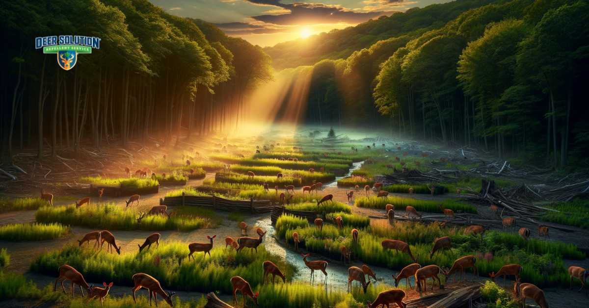 Morris County grappling with deer overabundance, depicting the impact on diverse habitats and the collective effort towards sustainable coexistence