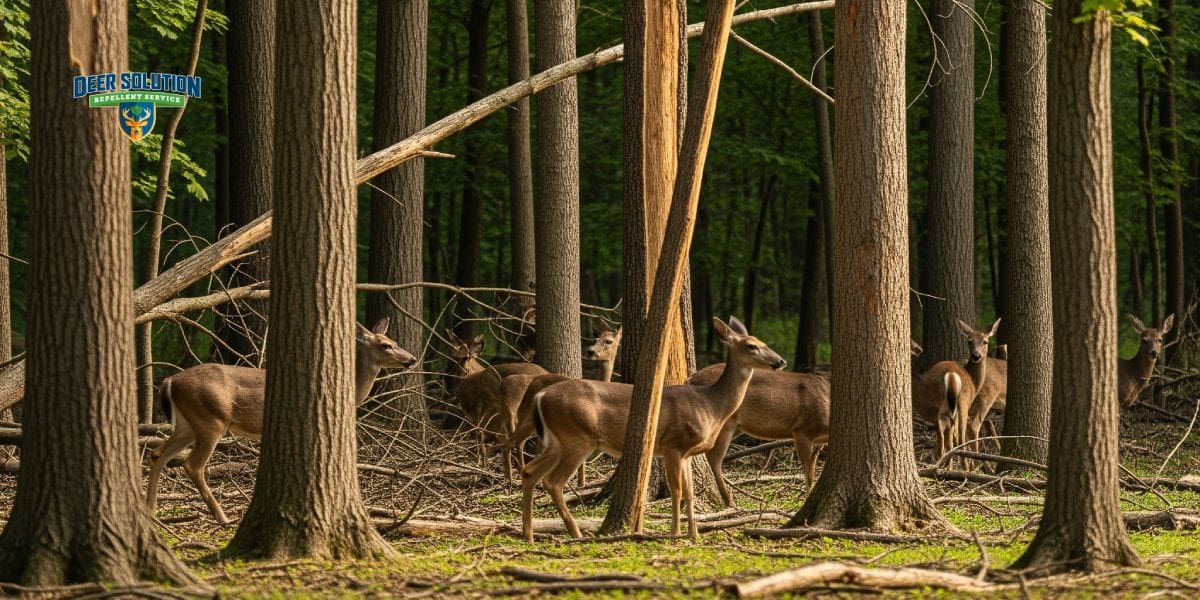 An abstract representation of the deer overpopulation crisis in Baltimore County, depicting crowded habitats and stressed tree areas, highlighting the environmental urgency and arboreal alarm