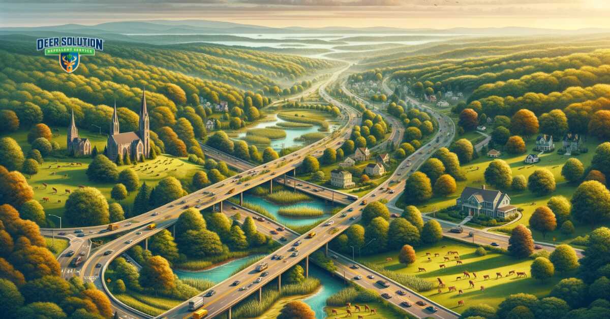 Scenic view of Orange County, NY, portraying 'Deer Dilemma: Balancing Road Safety and Ecological Harmony', depicting areas where deer affect road safety and ecological balance, highlighting the county's efforts to manage deer overpopulation while maintaining road and environmental health