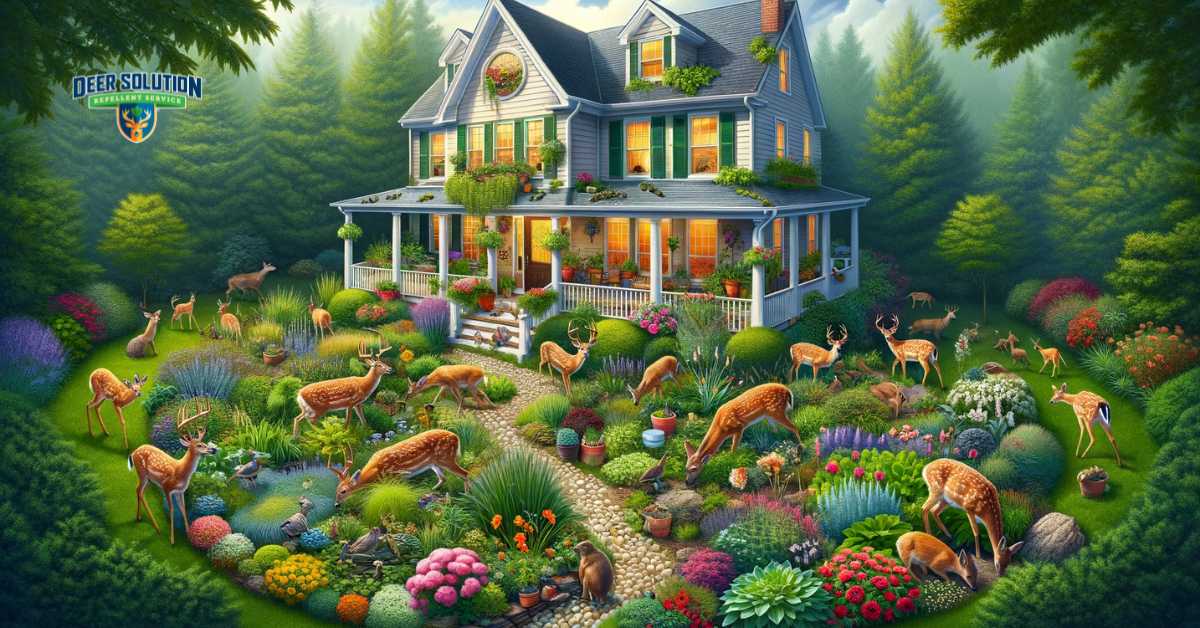 A picturesque front yard in Owen County, Indiana, that beautifully balances the aesthetic of a dream garden with the reality of deer damage. The garden features a variety of vibrant plants and flowers, some showing signs of deer impact like nibbled foliage or trampled flower beds. The presence of deer in or near the garden highlights the ongoing struggle with wildlife. Despite these challenges, the garden maintains its tranquil and haven-like beauty