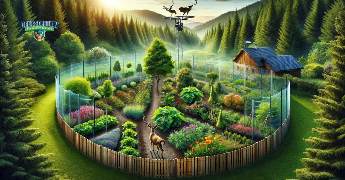 A vibrant, well-maintained garden in Perquimans County, NC, featuring advanced non-intrusive deer deterrent methods, with thriving plants and flowers set against a rural backdrop