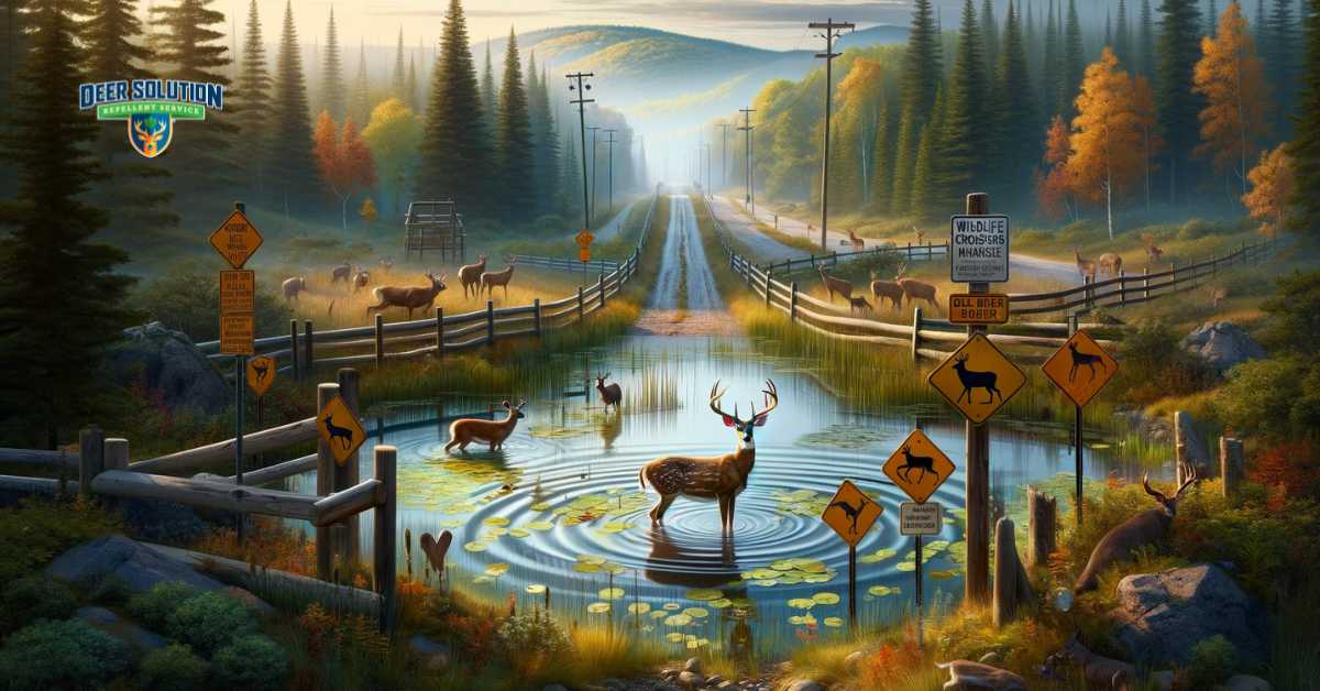 The image captures the essence of balanced wildlife management in Price County, showing a natural landscape inhabited by deer alongside signs of human intervention, such as wildlife crossing signs, fenced areas, or habitat restoration projects. This scene symbolizes the efforts to achieve coexistence and responsible stewardship, emphasizing the goal of maintaining ecological balance while addressing the needs of both the deer population and the human community