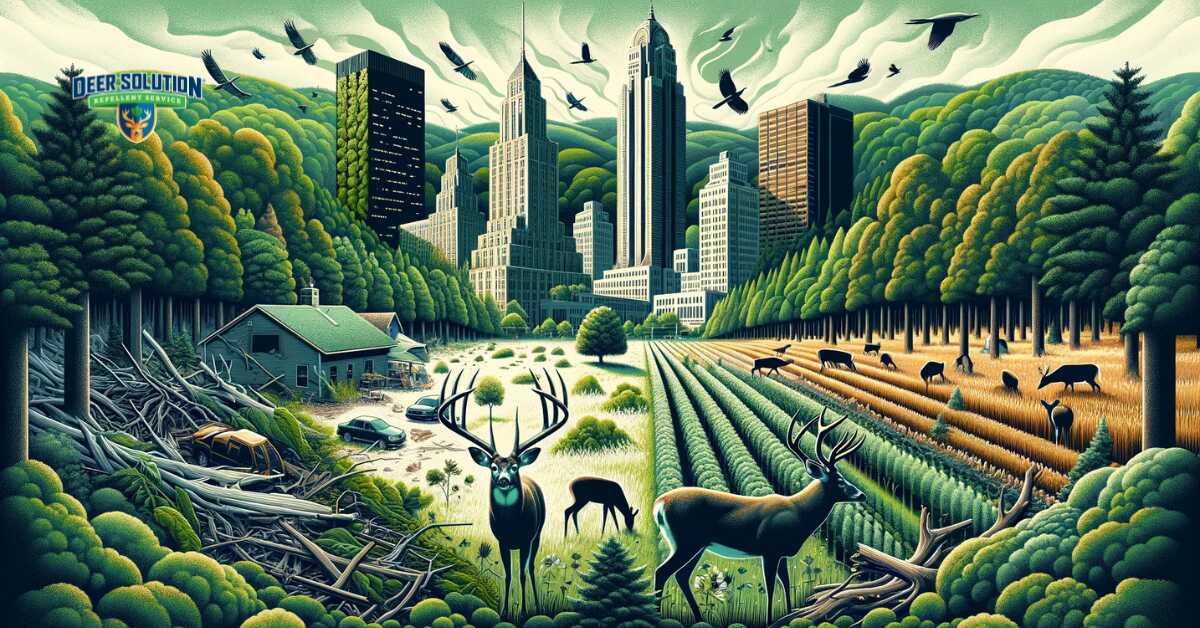 An image symbolizing the disrupted landscapes and agricultural distress in Rockland County, reflecting the ongoing conflict between human habitats and wildlife due to deer damage