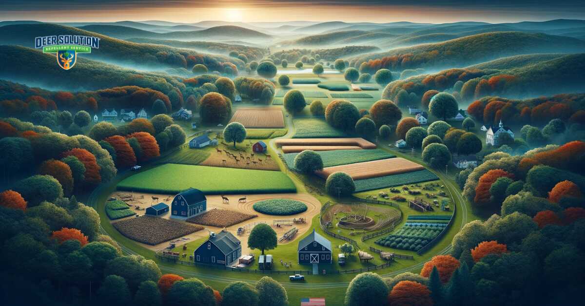 Scenic view of Salem County showcasing 'Struggle with Deer Overpopulation', depicting the impact on trees and gardens, highlighting areas affected by deer such as nibbled foliage, and efforts to protect these green spaces