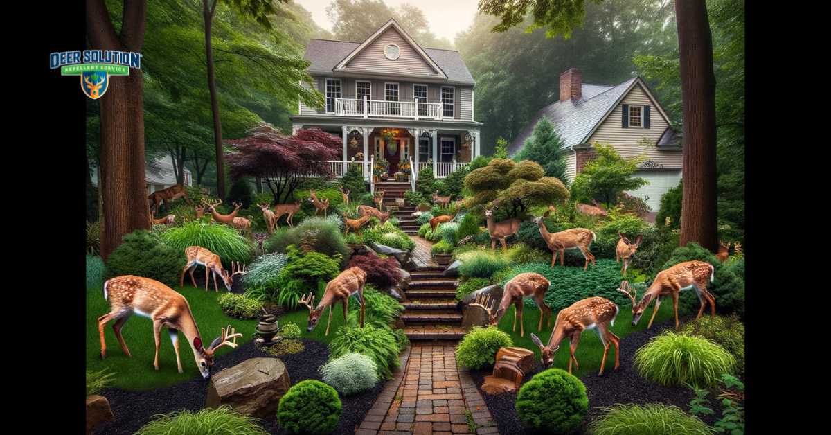 A front yard landscape in Northampton County, PA, depicting the silent menace of deer damage. The yard features a variety of trees and shrubs, some showing signs of deer browsing and bark stripping. Deer are present in the scene, symbolizing the overpopulation challenge. Despite the damage, the yard maintains its beauty, reflecting the ongoing effort to preserve its aesthetic appeal