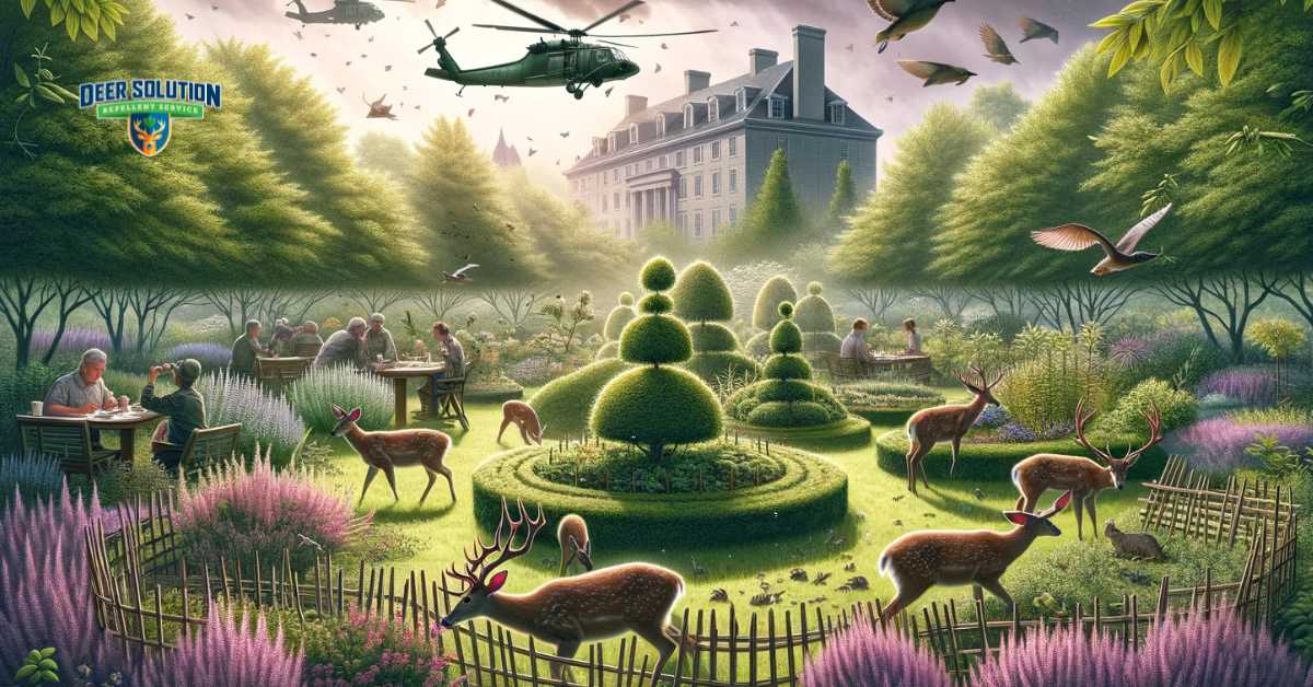 A scene in St. Lawrence depicting a garden or natural landscape with shrubs showing signs of deer feeding. The image includes measures to protect these vulnerable shrubs, like physical barriers or repellent plants. Deer are visible in the scene, underscoring their impact on the plant life. This visual captures the harmonious yet challenged ecosystem of St. Lawrence, highlighting the balance between wildlife habits and the conservation of plants