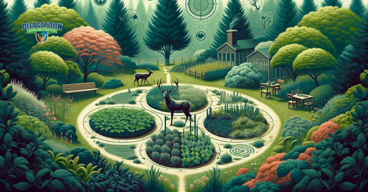 Serene garden scene in Lehigh County with symbolic indications of deer intrusion, like disrupted plants, and environmental stress from overpopulation, blending the beauty and challenges of garden maintenance