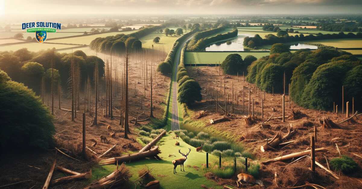 Scenic view of Litchfield showing 'The Green Challenge', highlighting the impact of deer on the natural landscapes, depicting damaged vegetation and the environmental challenges in preserving green spaces