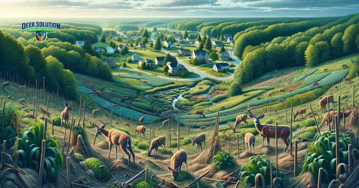 Landscape of Warren County illustrating 'Warren County's Woes', showing the detrimental effects of deer overpopulation on local gardens and ecosystems