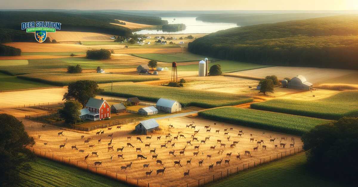 Rural landscape of Wicomico County in Maryland, illustrating 'Wicomico's Wildlife Woes' with visible signs of a surging deer population in fields and agricultural areas, depicting the challenges of wildlife management in the countryside
