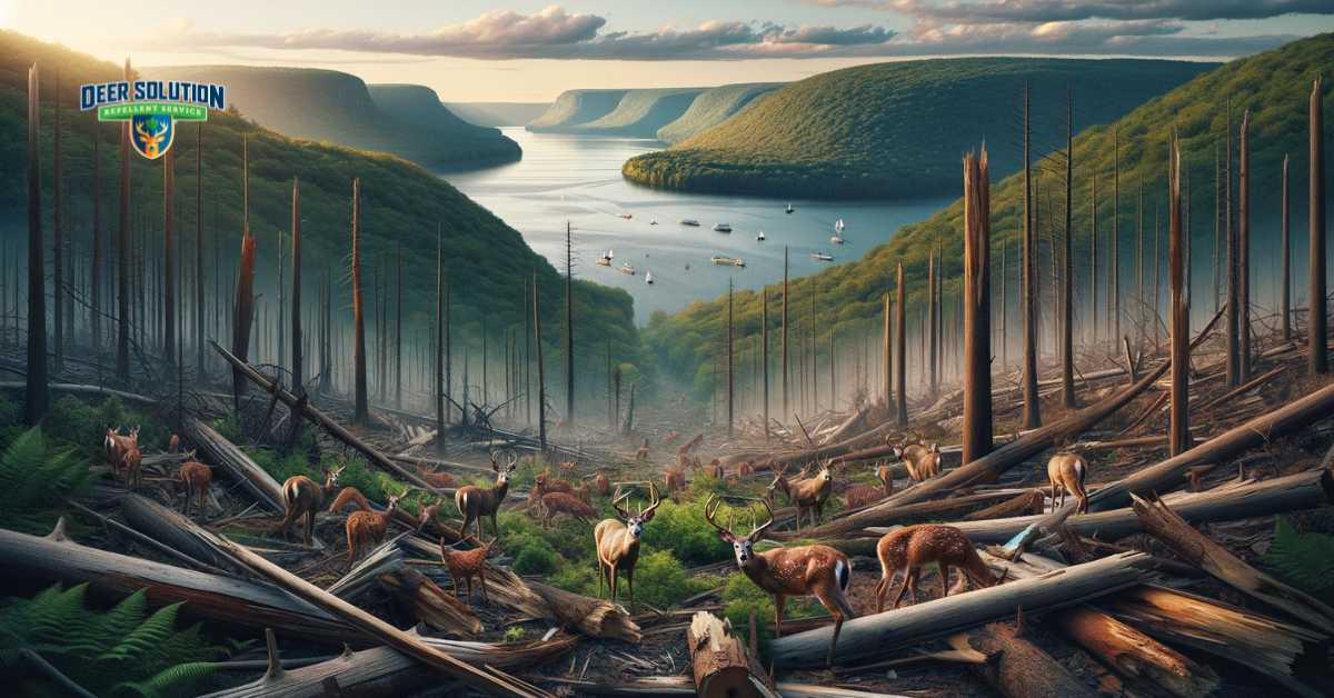 A Yates County landscape showing the effects of deer damage, with visible signs of damaged vegetation. The scene includes deer, subtly hinting at the specific issue of New Jersey's deer population. This image portrays the unseen war between the natural beauty of the county and the ecological challenges brought on by deer overpopulation, emphasizing the toll this takes on the local environment