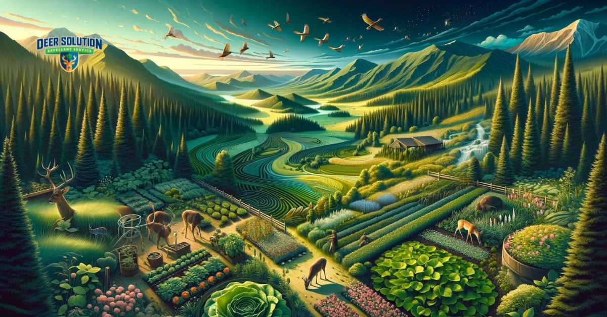 Visual exploration of Potter County's lush landscapes juxtaposed with deer-related challenges, showcasing the impact of deer on local flora and efforts to mitigate damage to plants, emphasizing the delicate balance between wildlife and botanical preservation