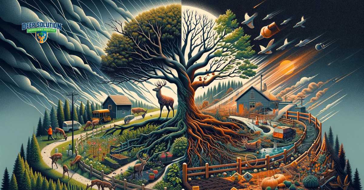 Abstract illustration of the challenges and solutions in Branch County for managing rising deer populations, focusing on the deer's preference for hosta plants and community-driven strategies for garden protection, conveying the balance between wildlife management and preserving local flora