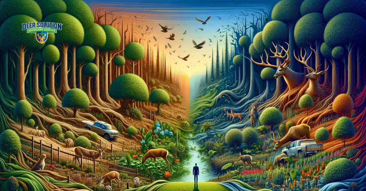 Visual representation of garden deer protection strategies and the impact of deer damage to trees in Champaign County, OH, illustrating community efforts to safeguard lush landscapes and foster harmony with wildlife