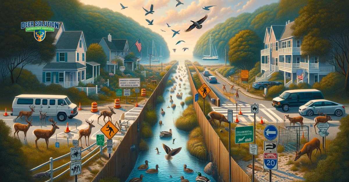 The image portrays the delicate balance Monmouth County faces in managing deer populations, with a depiction of deer in their natural habitat alongside elements of human communities, such as residential areas and roads