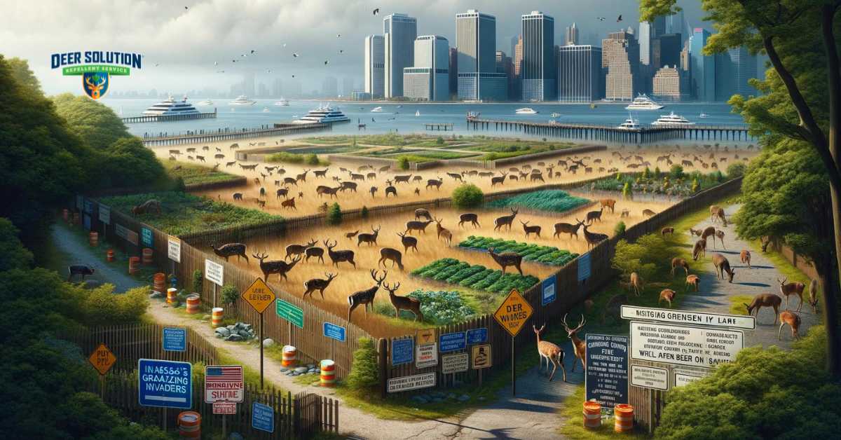 The image captures Nassau County's challenge with a growing deer population, blending urban and natural landscapes where deer encroach into human spaces