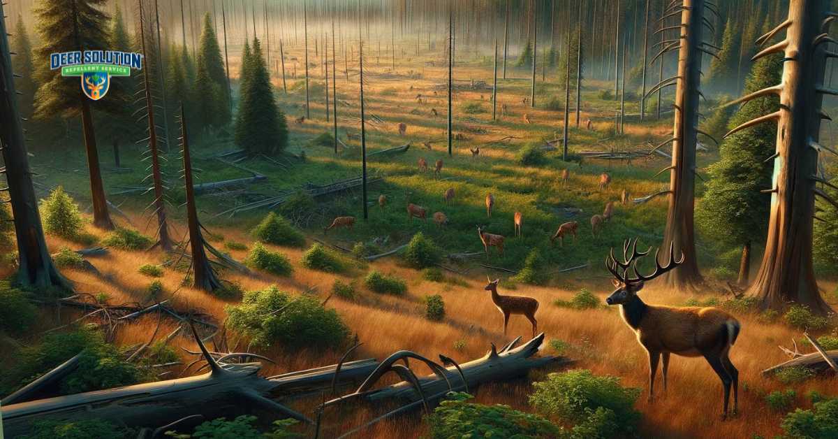 The image illustrates the impact of deer overgrazing in Ontonagon County, depicting a landscape with sparse vegetation, damaged trees, and barren patches