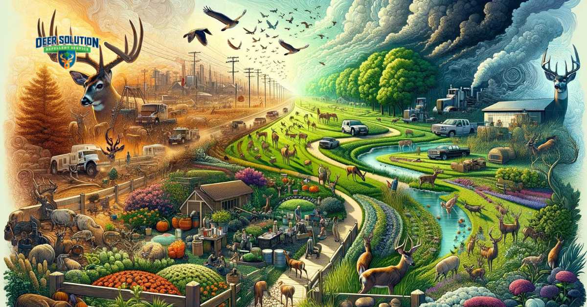 Abstract visualization of Shelby County, IL's response to deer overpopulation, highlighting the impact on human safety and front yard aesthetics, with symbolic representations of deer antlers to emphasize the challenges and community efforts towards sustainable coexistence