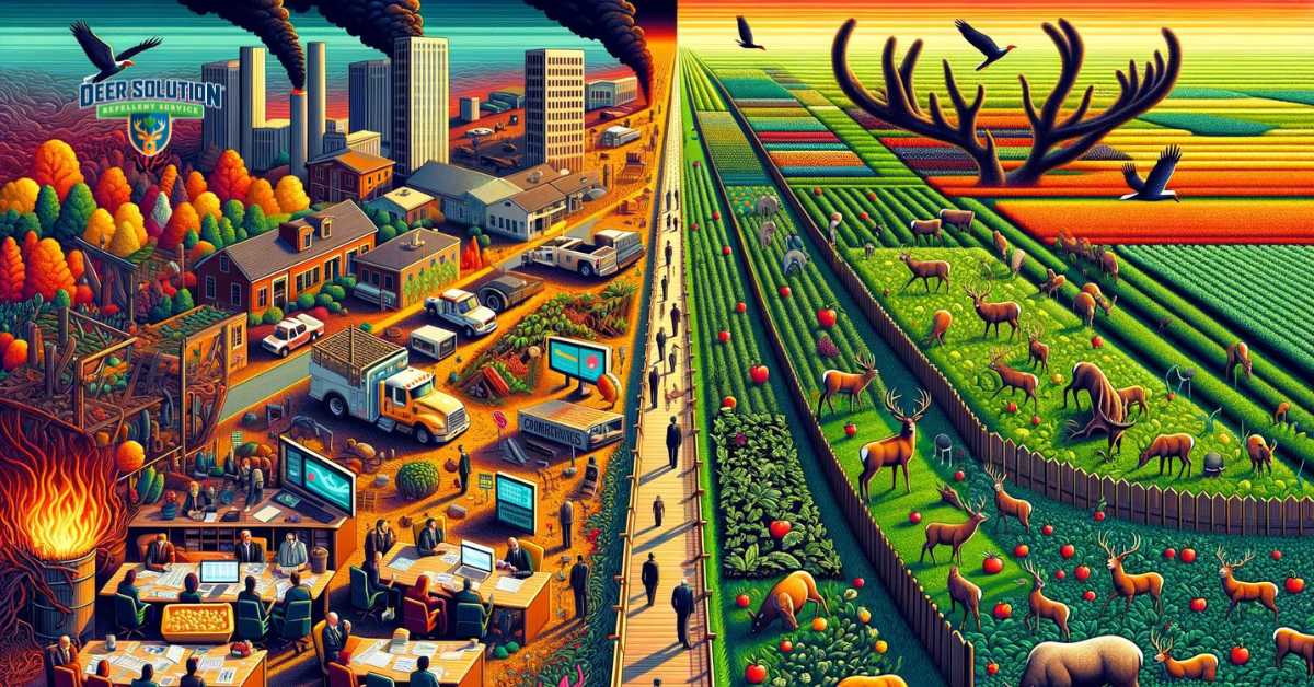 Visual depiction of the impact of deer damage in Suffolk County, NJ, emphasizing the importance of deer protection measures for shrubs and crops to preserve agricultural health and community prosperity