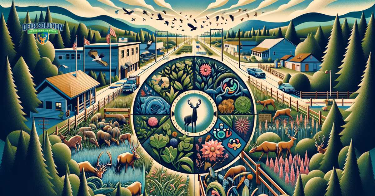 Visual depiction of community efforts in Wicomico County, MD, focusing on deer protection for plants amidst the challenges of deer overpopulation, illustrating sustainable strategies to harmonize wildlife presence with local flora conservation