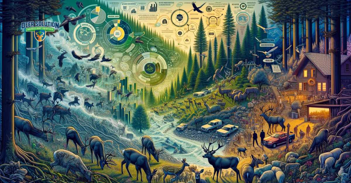 Visual exploration of deer overpopulation in Yancey County, NC, depicting diverse habitats impacted by deer feeding habits, highlighting the challenges and strategies in managing the ecological and community effects of excessive deer populations