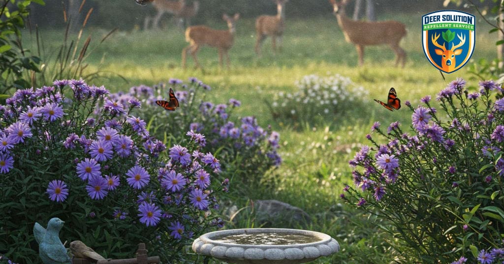 Vibrant New England asters flourish in eco-friendly garden, protected by Deer Solution's natural repellent.