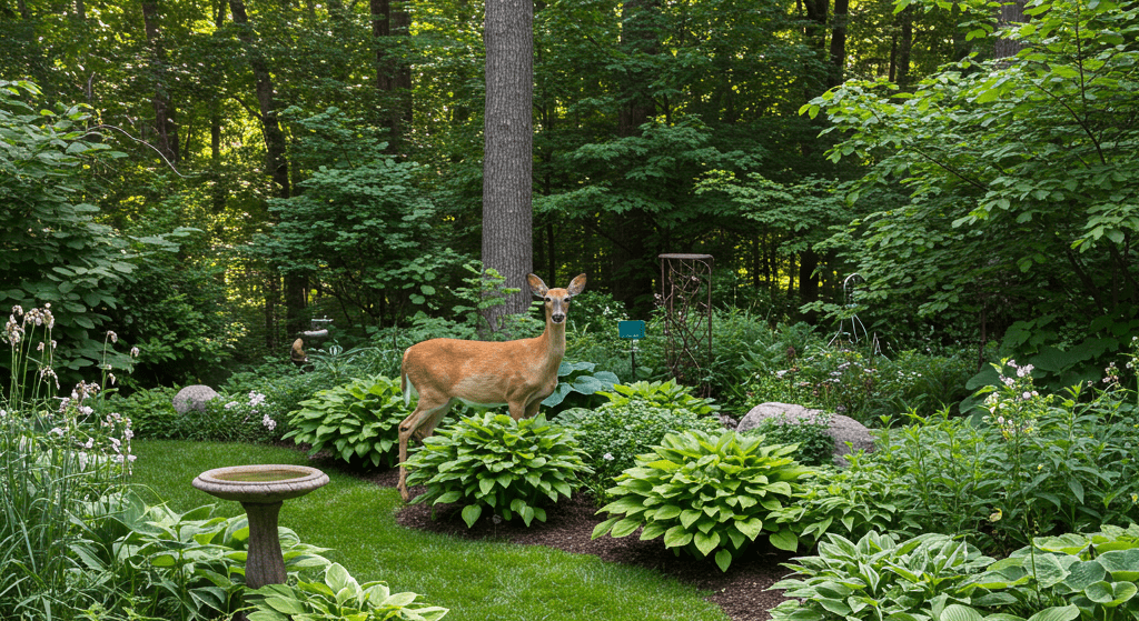 White-tailed deer standing in garden eating Hosta