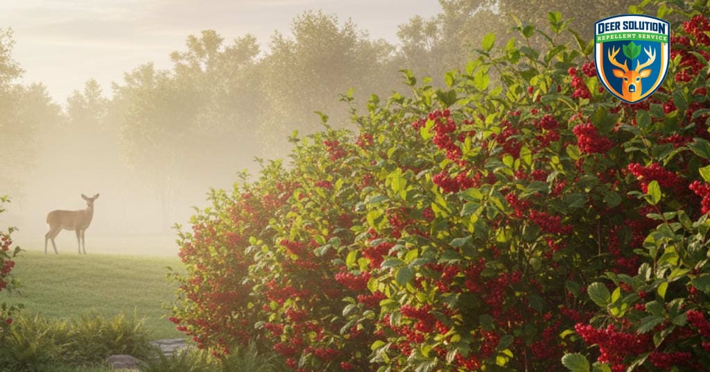 Lush garden with American Cranberry bushes; Deer Solution's service protects against deer damage for sustainable beauty.