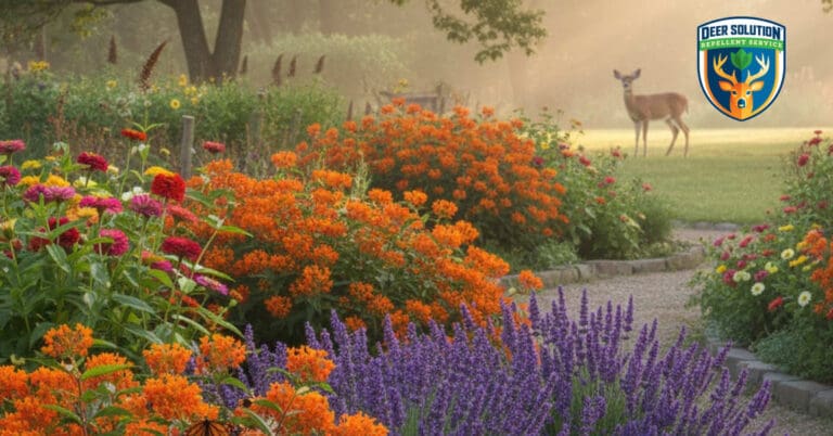 Lush garden with butterfly weeds, zinnias, lavender thrives under Deer Solution®. Do deer eat these?