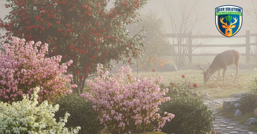 Lush garden with vibrant Christmas berries, holly, and roses - Deer Solution's eco-friendly service protects these plants