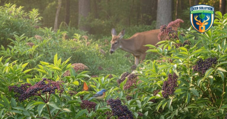Flourishing elderberry garden thriving under Deer Solution's eco-friendly repellent, attracting birds and butterflies