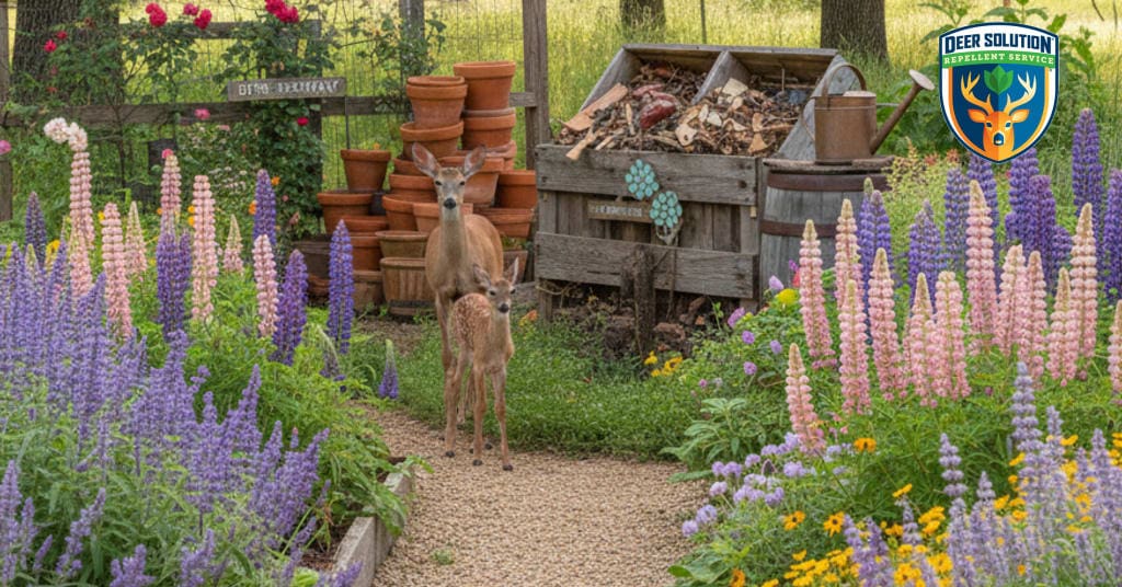 Lush garden with vibrant lupines, illustrating eco-friendly practices and showing how deer avoid these resistant plants.