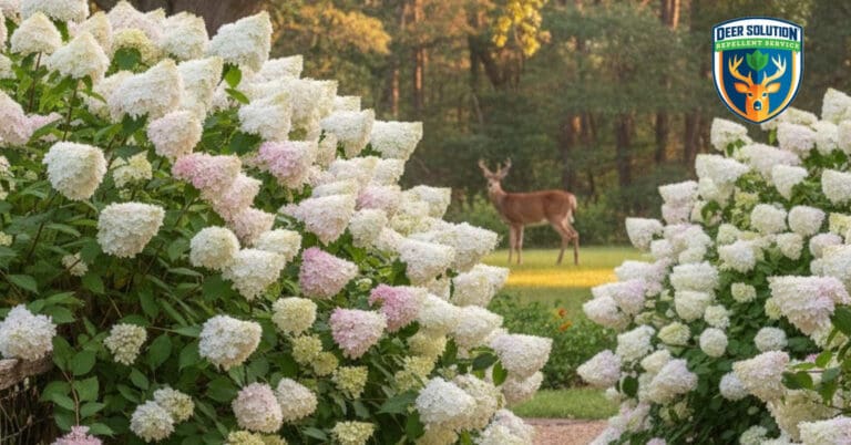 Lush garden with blooming Peegee hydrangeas, showcasing Deer Solution's eco-friendly repellent for deer-resistant yards.