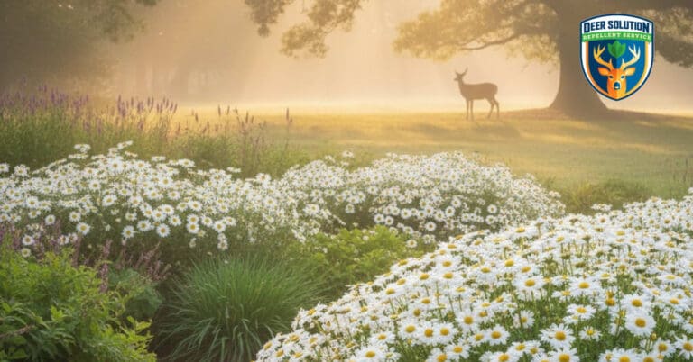 Vibrant garden with deer-resistant Shasta daisies and lush greenery, fostering harmony between flora and fauna through Deer Solution's eco-friendly repellent service.