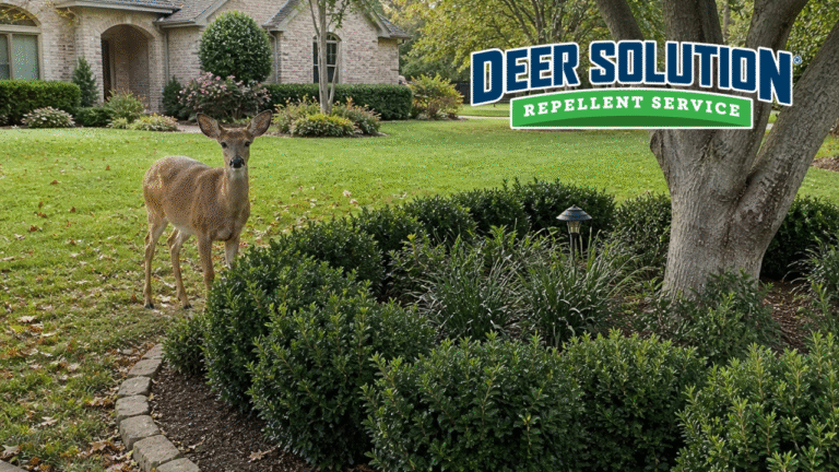 Deer standing on a manicured front lawn near shrubs in a suburban yard, with a Deer Solution logo in the corner.