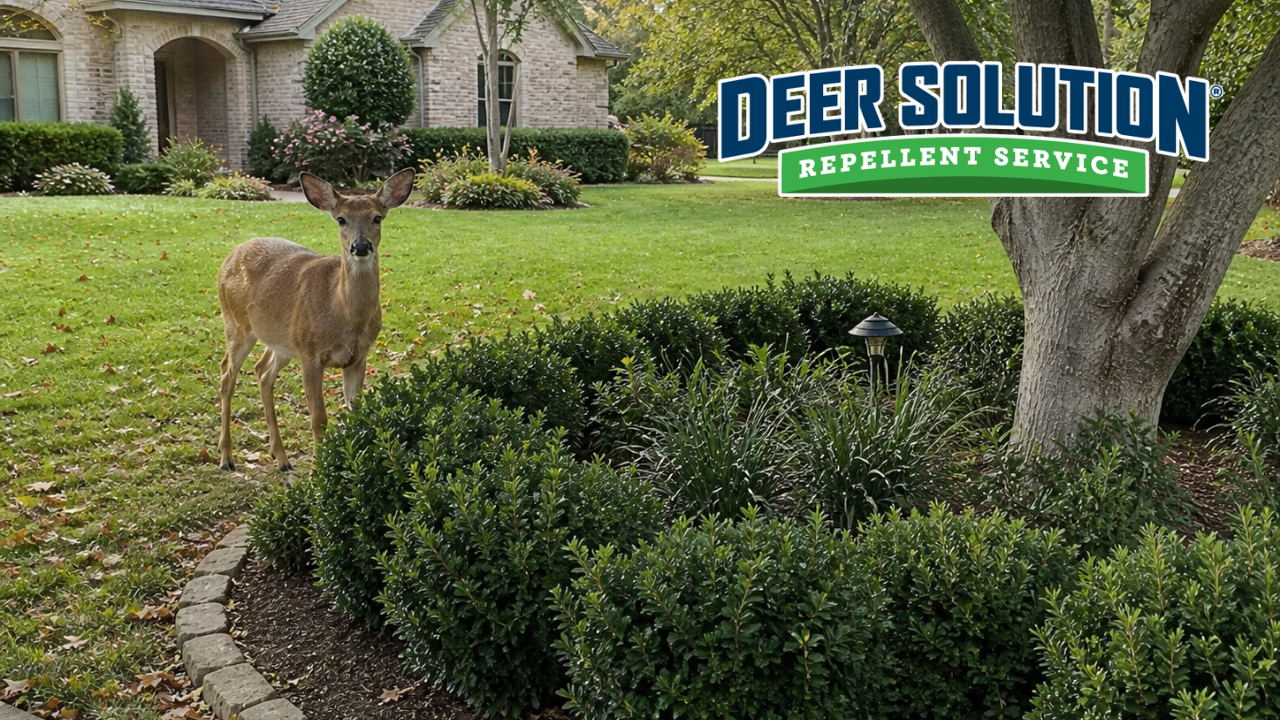 Deer standing on a manicured front lawn near shrubs in a suburban yard, with a Deer Solution logo in the corner.