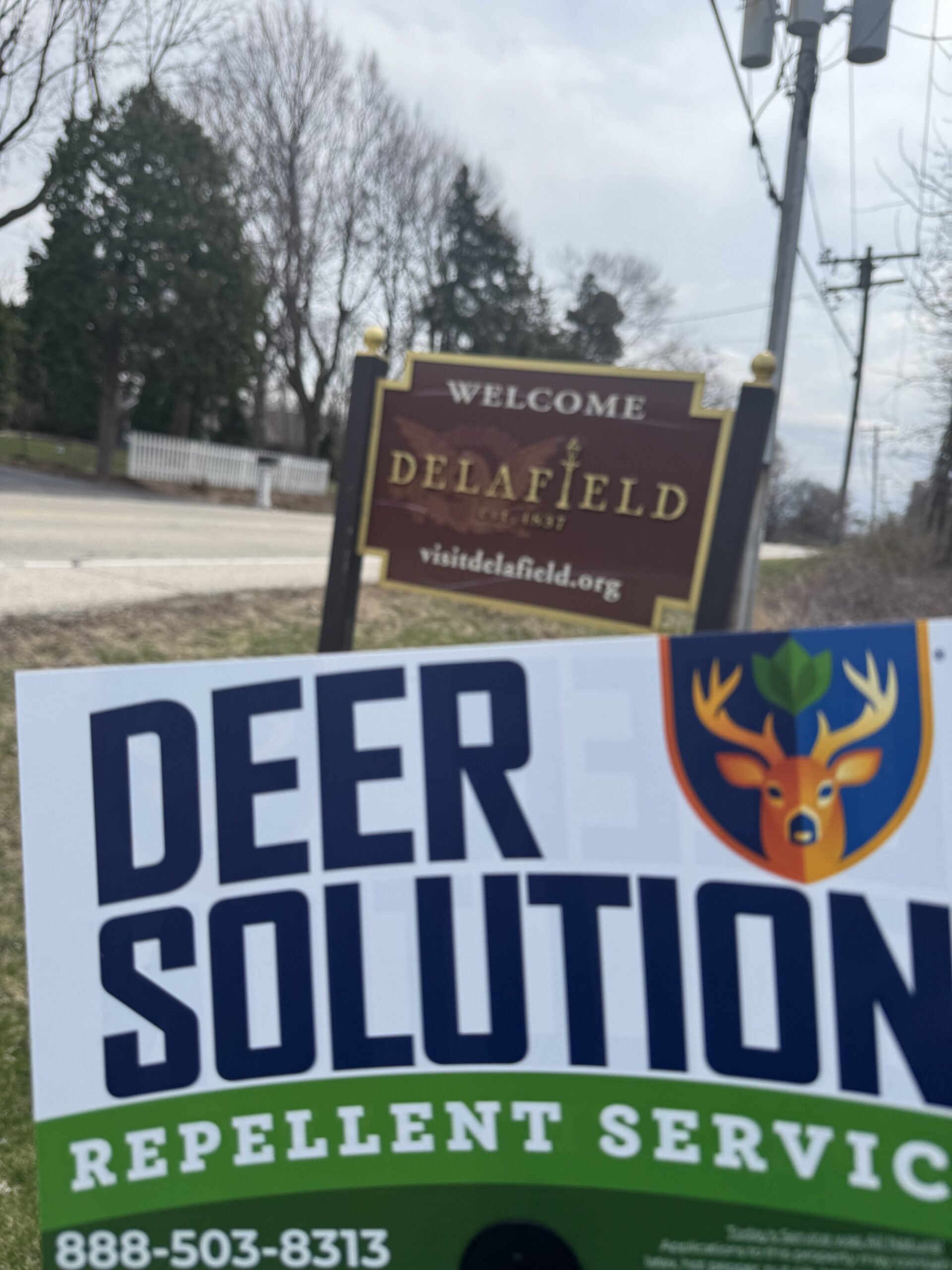 Blurred roadside sign advertising deer repellent services, with a deer logo and contact number in green band below the text.