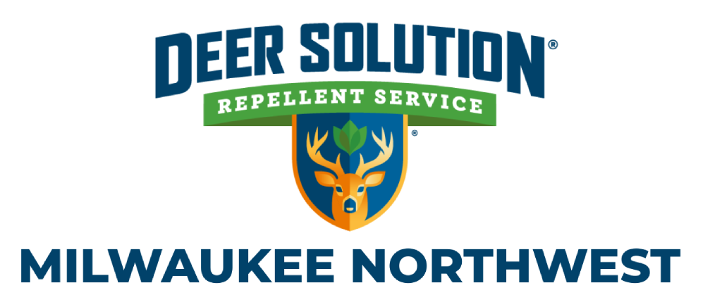 Deer Solution Milwaukee Northwest logo with a shielded orange deer head and a green 'Repellent Service' banner, set against bold blue text.