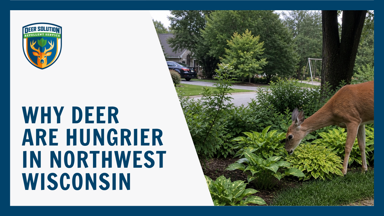 A deer eating hosta plants in a residential garden in Northwest Wisconsin, featured by Deer Solution Repellent Service.