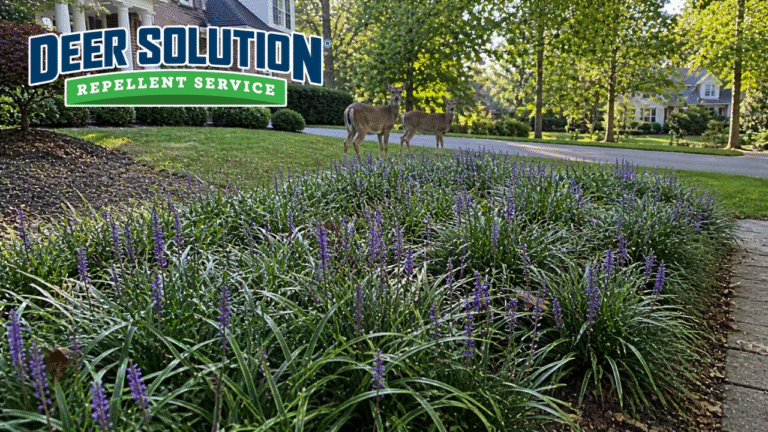 Two deer standing in a front yard looking at a healthy bed of purple Liriope groundcover protected by Deer Solution.